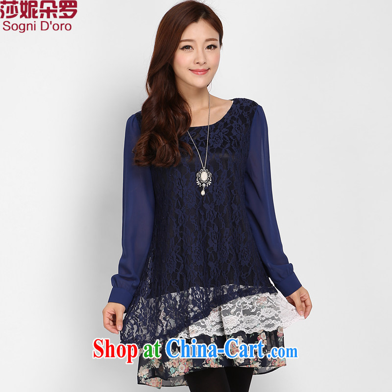 Laurie, flower of the larger female fat sister spring is indeed the greater Korean video thin dresses 3224 deep blue 5 XL