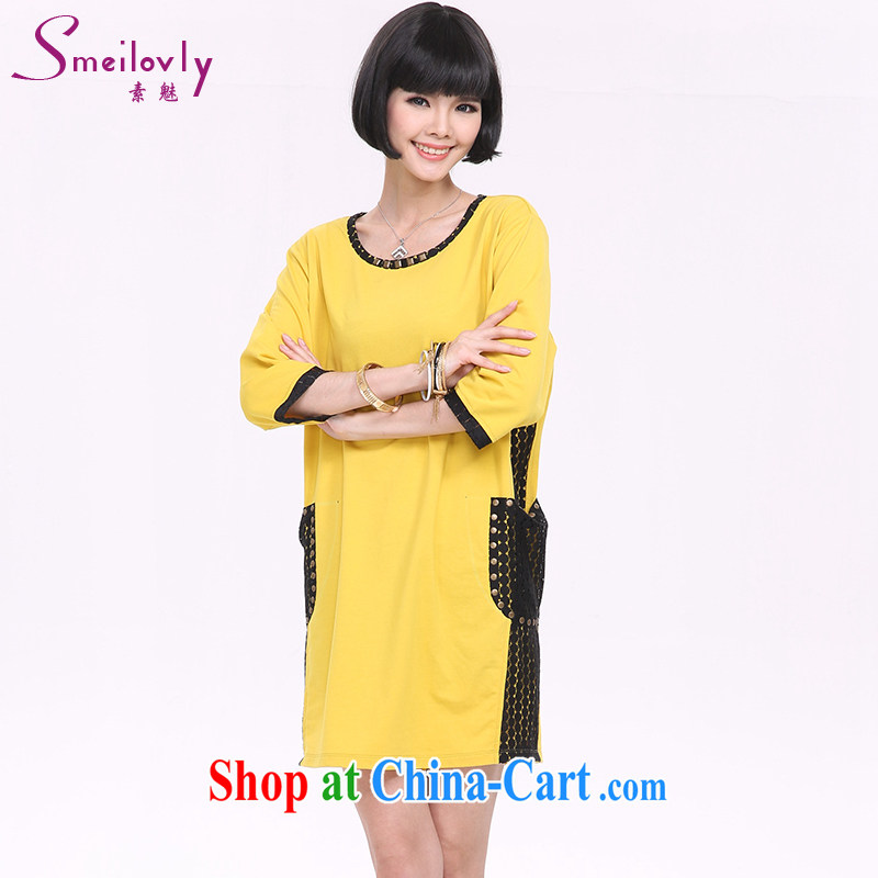 Staff of the fertilizer XL women 2015 spring new Korean version loose video thin cotton 7 cuff dress 2804 yellow large code 5 XL 200 Jack left and right