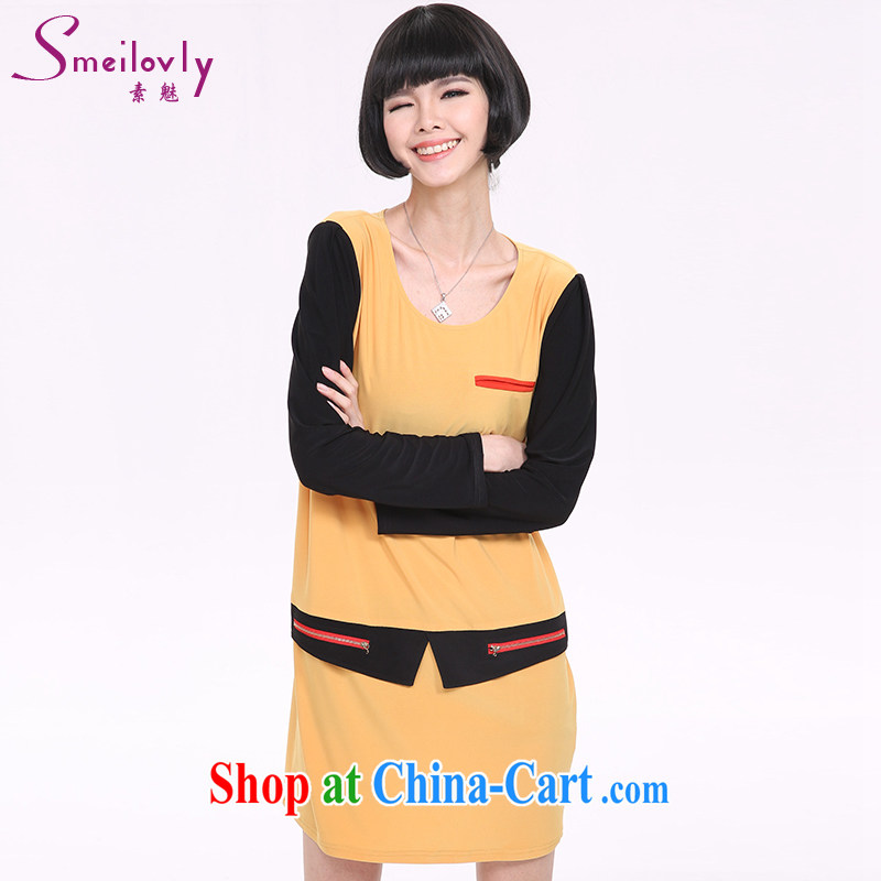 Staff of the fertilizer XL women mm thick spring 2015 new long-sleeved video thin straight and dress 2847 yellow large code 5 XL