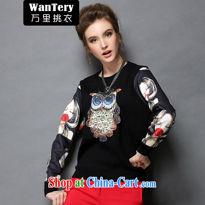 10,000 pick Yi spring European sites in Europe and America, new larger women mm thick and indeed increase owl embroidery stitching stamp long-sleeved T-shirt T shirt shirt G 359 black 5 XL
