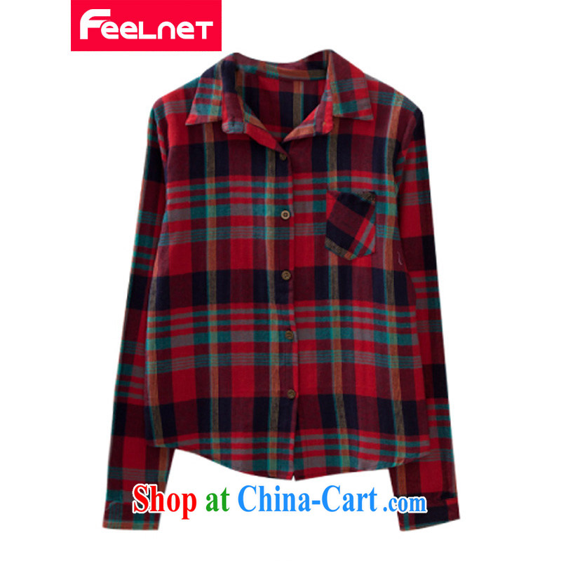 feelnet larger women winter clothes and indeed increased significantly in Europe and thin thick mm T-shirt classic plaid loose Korean version of the greater code shirt 2210 big red code 4 XL