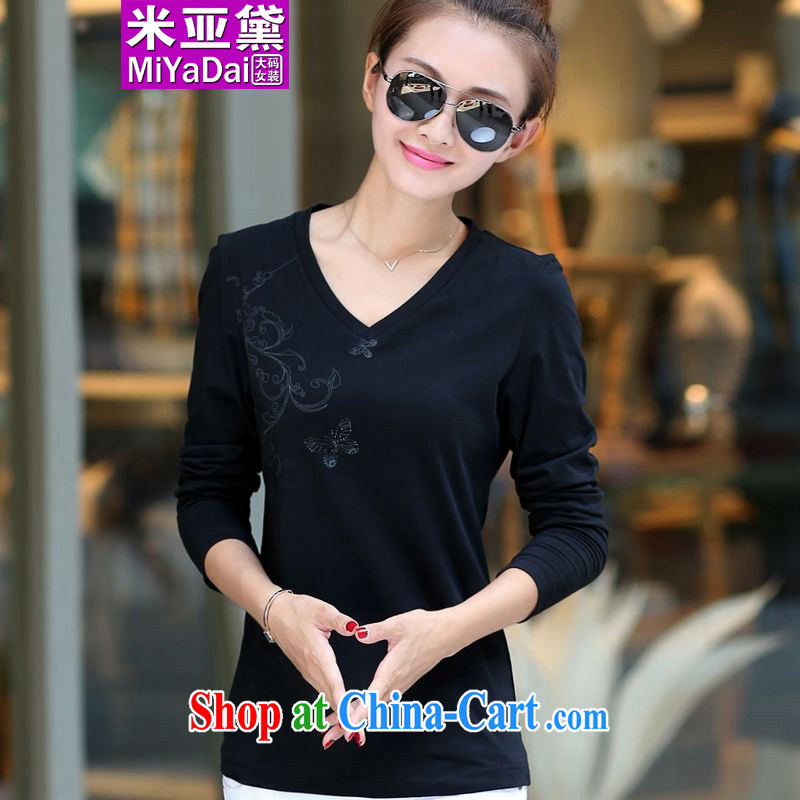 The Diane larger female Spring and Autumn and new emphasis on sister long-sleeved T-shirt pure cotton graphics thin large Code V collar solid T-shirt the fat 200 catties of red 4 XL (160 - 180 ) jack, the Doi (MIYaDai), online shopping