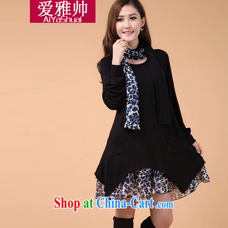 Love Ya 2015 looks great, female Korean autumn and winter with the FAT XL skirt leave two woolen knitted Leopard dress black XXXL