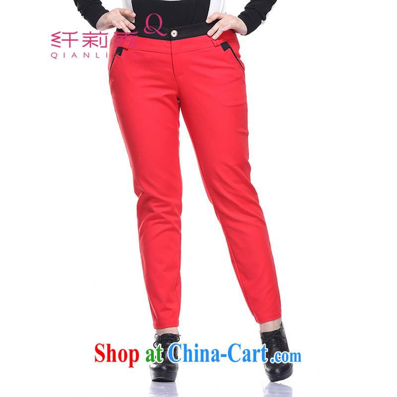 Slim LI Sau 2015 spring new larger female knocked color stitching lounge 100 ground-waist hip Bonfrere looked pants pencil trousers narrow foot trousers Q 6653 red 4 XL