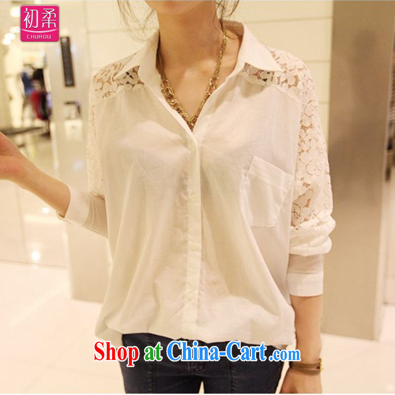 Flexible early spring and autumn 2015, Korean version of the greater code ladies casual lace stitching, snow-woven shirts relaxed atmosphere. long-sleeved shirt 200 jack can be seen wearing a white L