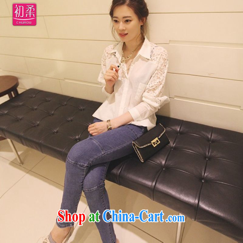 Flexible early spring and autumn 2015, Korean version of the greater code ladies casual lace stitching, snow-woven shirts relaxed atmosphere. long-sleeved shirt 200 jack can be seen wearing a white L early, Sophie (CHUROU), online shopping