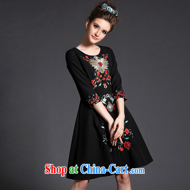 Emma style in Europe and America, the female plant embroidered dresses, long, thick mm beauty graphics thin 2015 spring black 5 XL (90 - 100 KG), Jacob, and, on-line shopping