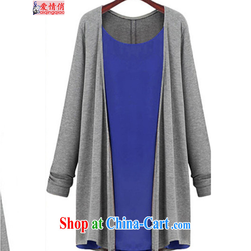 Thick MM Autumn with long, loose snow woven stitching and knitting T-shirt long-sleeved cardigan leave of two T-shirts N 1299 light gray with color blue XXXXXL