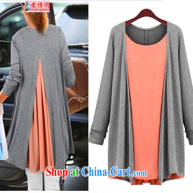 Thick MM Autumn with long, loose snow woven stitching and knitting T-shirt long-sleeved cardigan leave of two T-shirts N 1299 light gray with colored blue XXXXXL, love for AI QING QIAO), shopping on the Internet