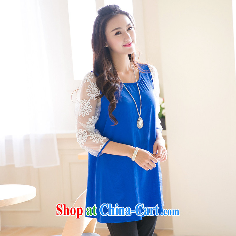 Huan Zhu Ge Ge Ge 2015 spring and summer New, and indeed increase, female fat MM loose video thin Openwork cuff Web yarn stitching snow-woven dresses V 5006 blue 4 XL, giggling auspicious, shopping on the Internet