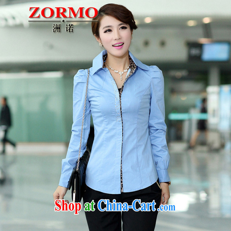 ZORMO Spring and Autumn 2015, Leopard stitching long-sleeved lapel and indeed XL shirt girls thick mm King career with solid blue shirt XL 5 175 - 200 jack