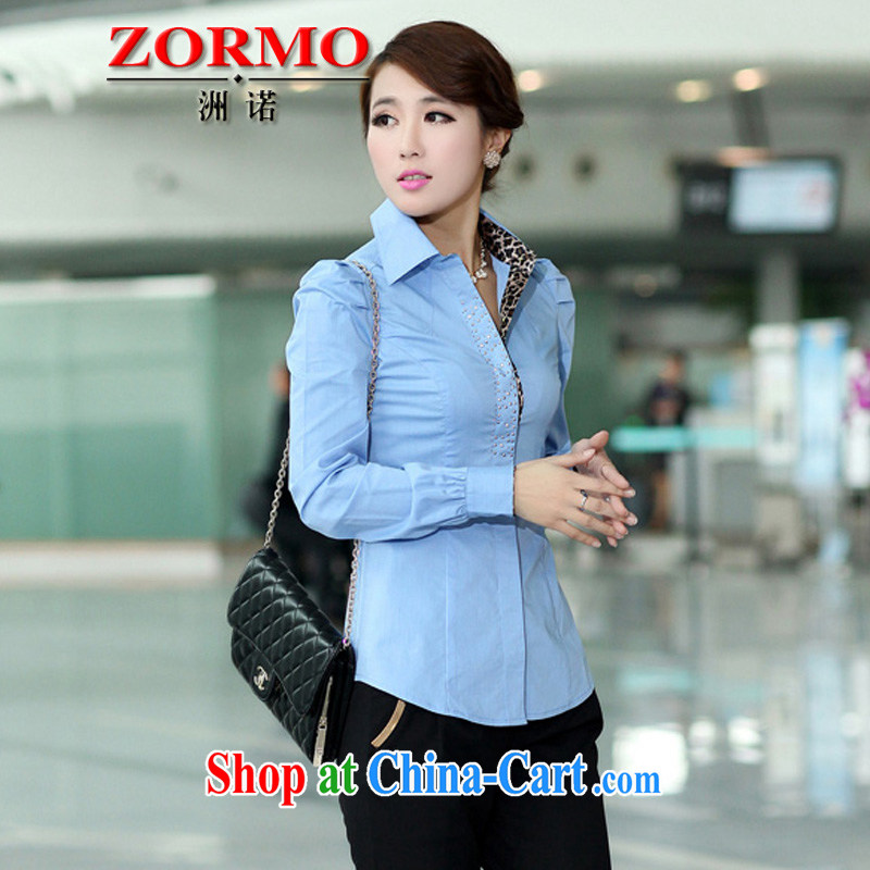 ZORMO Spring and Autumn 2015, Leopard stitching long-sleeved lapel and indeed XL shirt girls thick mm King career with solid blue shirt XL 5 175 - 200 jack, ZORMO, shopping on the Internet