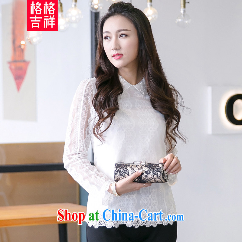 Huan Zhu Ge Ge Ge 2015 spring loaded the code female lady sweet vertical ribbed lace stitching Openwork long-sleeved lapel girls T shirt solid shirt V 5021 white 4XL