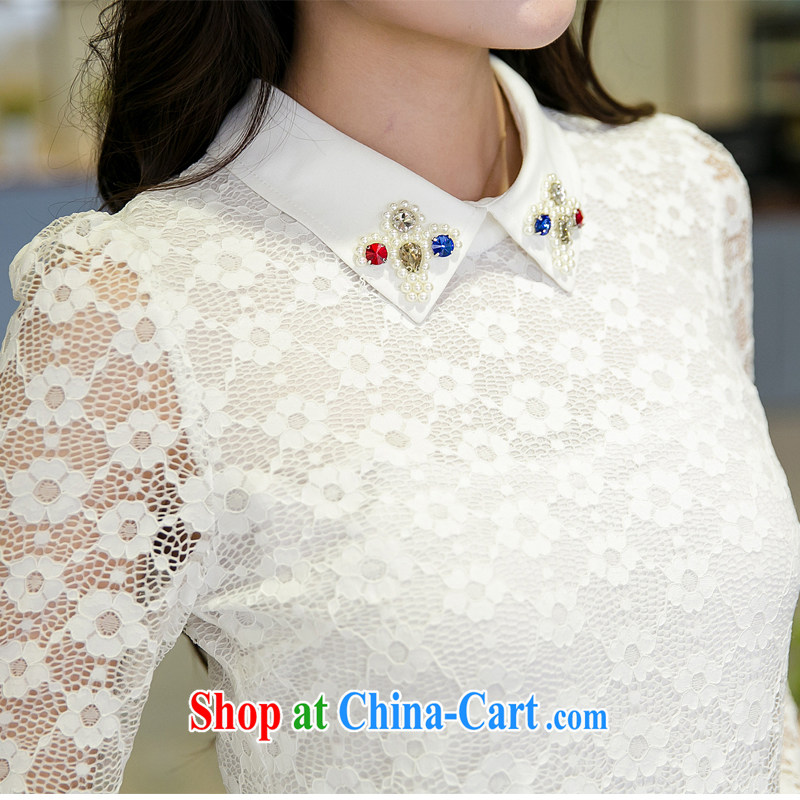 Huan Zhu Ge Ge Ge 2015 spring new Korean version the code female fat, cultivating graphics thin OL temperament female lace T-shirt solid shirt V 5026 white 3XL (165 - 180 jack wear, giggling auspicious, shopping on the Internet