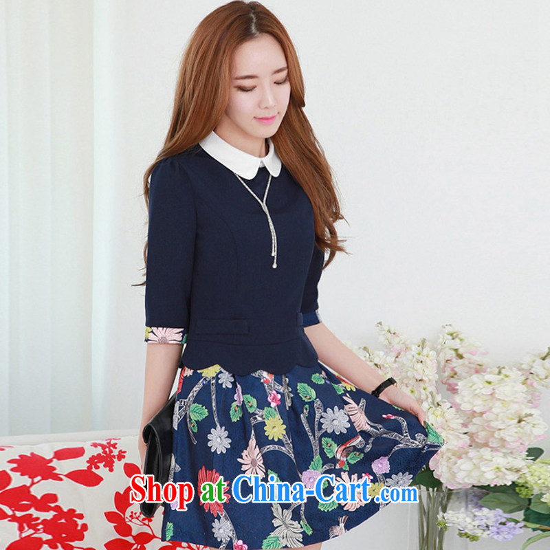 Land is the Yi spring 2015 new Korean version the Code women leave two lapel knocked color stamp stitching elegant graphics thin, thick MM dresses 11,115 blue XXXL, land is still the garment, and, on-line shopping