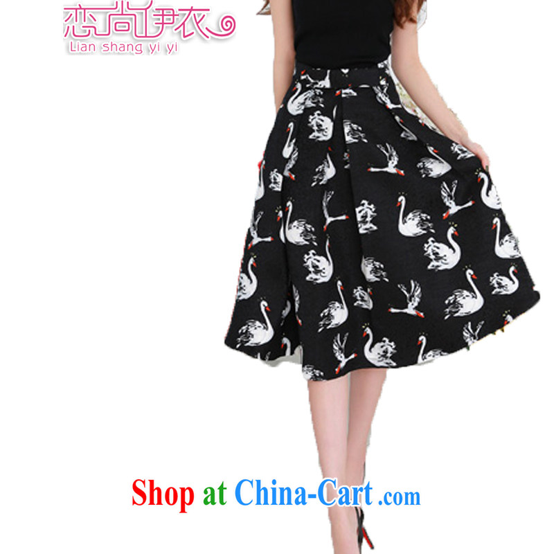 Land is still the Yi 2015 summer new Korean version of the greater code dress stylish Swan stamp elegant large code beauty graphics thin, long skirt body 11,118 black XXXXL