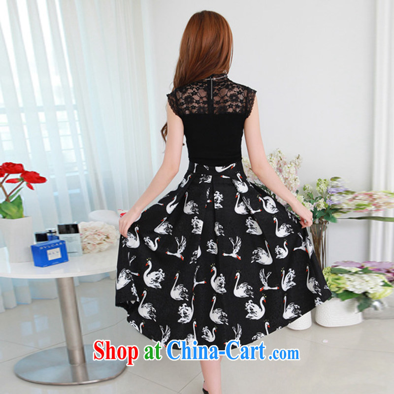 Land is still the Yi 2015 summer new Korean version of the greater code dress stylish Swan stamp elegant larger beauty graphics thin, long skirt body 11,118 black XXXXL, land is still the garment, shopping on the Internet