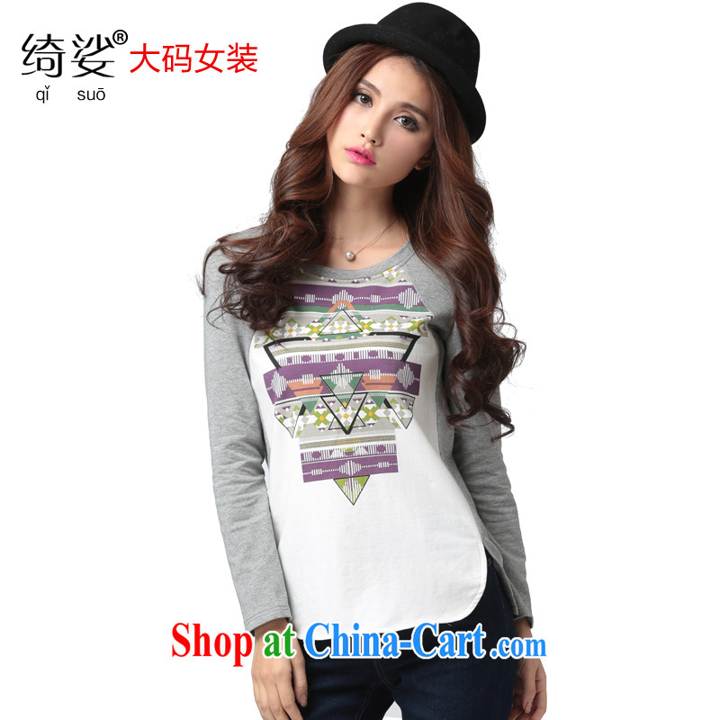cheer for thick MM spring new larger female Korean version geometry, graphics thin and thick XL long-sleeved shirt T number 2593 gray 4 XL