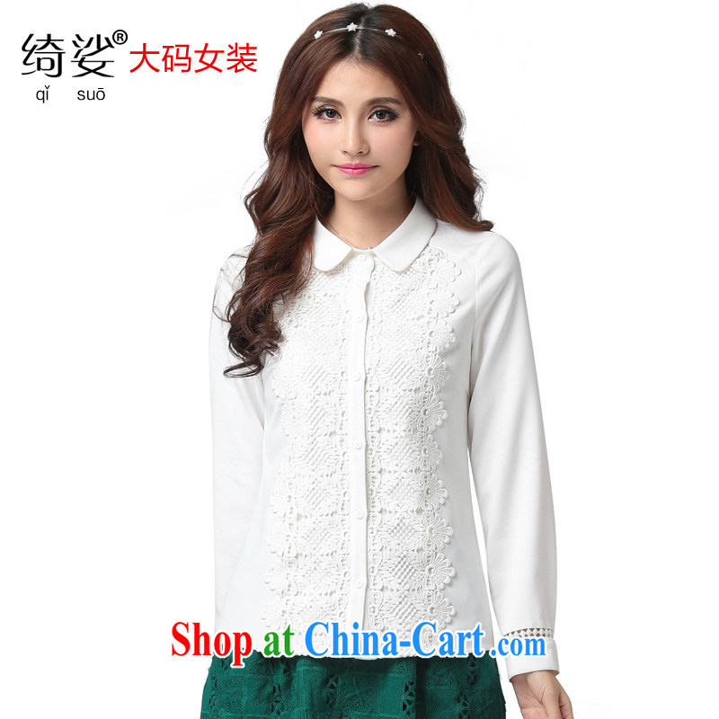 Cross-sectoral expertise provided MM spring new larger female Korean version 100 ground lace and indeed increase, long-sleeved T-shirt Item No. 2578 white 2XL