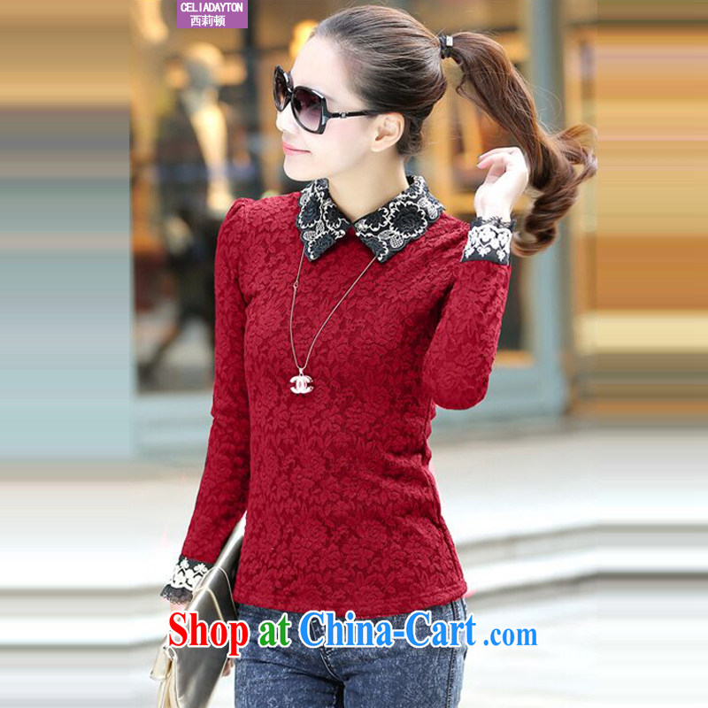 Szili Clinton's larger women 2015 spring mm thick and fat XL lace T-shirt 200 Jack thick sister the lint-free cloth thick cultivating solid T-shirt winter red 5 XL