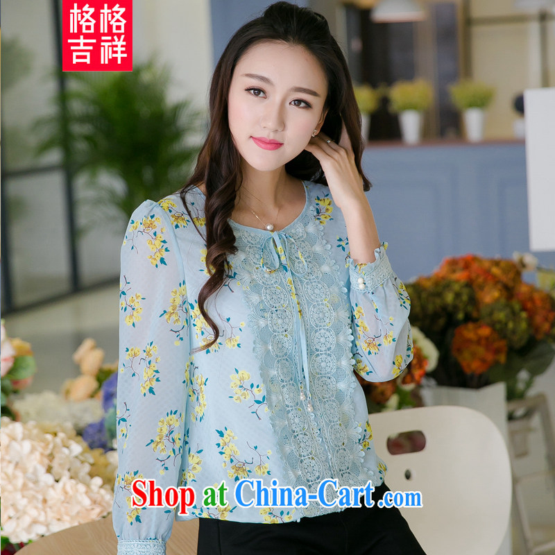 Huan Zhu Ge Ge Ge 2015 spring and summer new, larger female thick MM graphics thin sweet lace lace stamp snow woven shirts bubble cuff T shirt T-shirt V 5008 blue 3 XL _suitable for 165 - 180 jack_