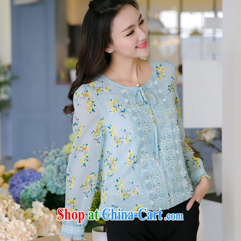Huan Zhu Ge Ge Ge 2015 spring and summer new, larger female thick MM graphics thin sweet lace lace stamp snow woven shirts bubble cuff T shirt T-shirt V 5008 blue 3 XL (suitable for 165 - 180 jack), Princess auspicious, and shopping on the Internet