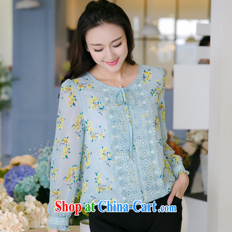 Huan Zhu Ge Ge Ge 2015 spring and summer new, larger female thick MM graphics thin sweet lace lace stamp snow woven shirts bubble cuff T shirt T-shirt V 5008 blue 3 XL (suitable for 165 - 180 jack), Princess auspicious, and shopping on the Internet