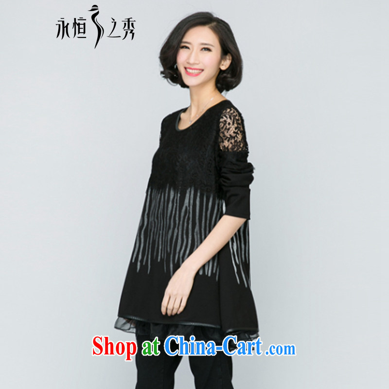 Eternal show the fat XL female 200 Jack 2015 spring new MM thick eyelashes lace round-collar-cake skirt with long-sleeved T shirt Dress Shirt black 4 XL, eternal, and the show, and shopping on the Internet