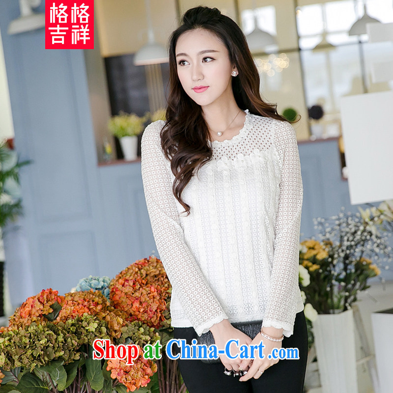 Huan Zhu Ge Ge Ge 2015 spring new products, women spend staples Openwork vertical ribbed lace long-sleeved lace girls T shirts, cultivating V 5020 white 4XL