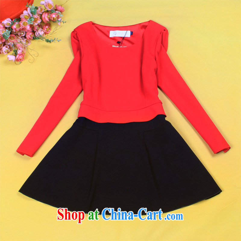 The line spend a lot code female new Korean video thin thick mm long-sleeved round-collar personalized spell color leave of two garment, solid through WTD - 2 red 3 XL, sea routes, and shopping on the Internet