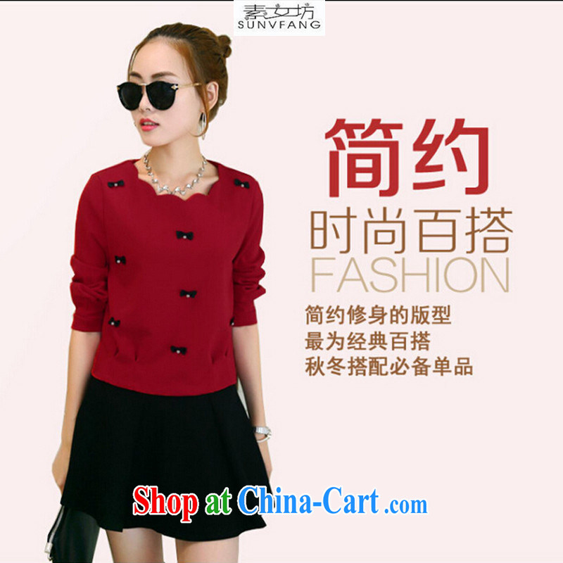 Women of 2015 workshop on the code female Two-piece nail Pearl solid long-sleeved T-shirt T-shirt on 100 mm hem skirt dress Kit female Red _6260 red XXXXL