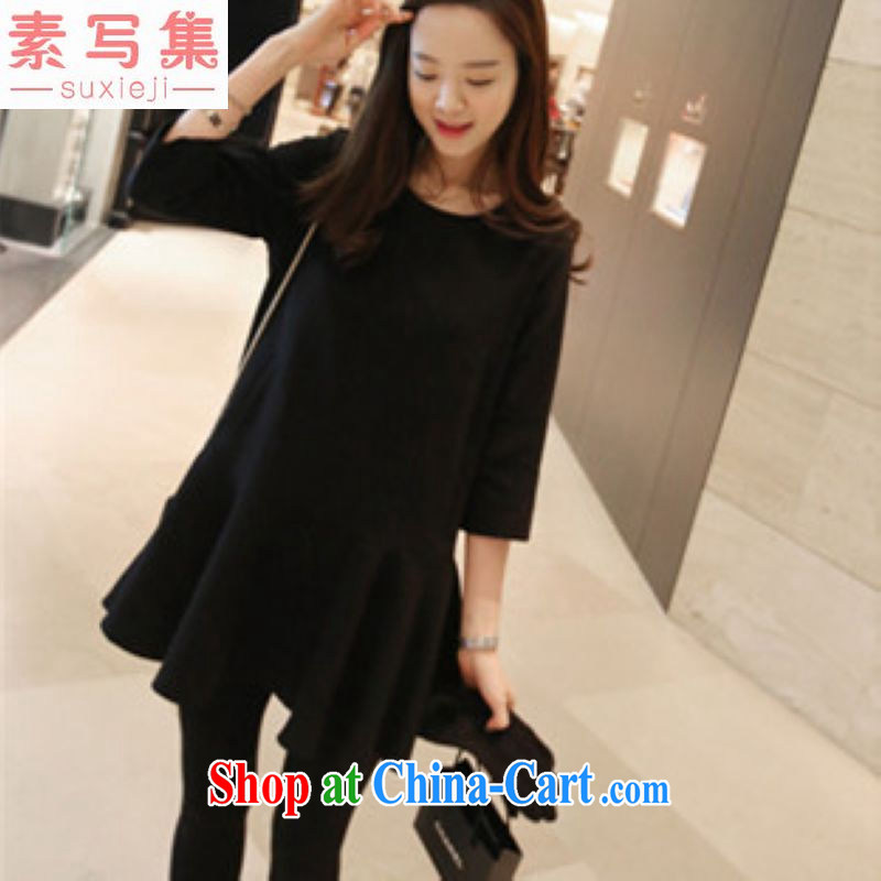 Pixel-Set Spring and Autumn 2015, extra-large, Korean fashion style dress 7 100 cuff hem dress skirt solid 200 jack can be seen wearing black XXXL