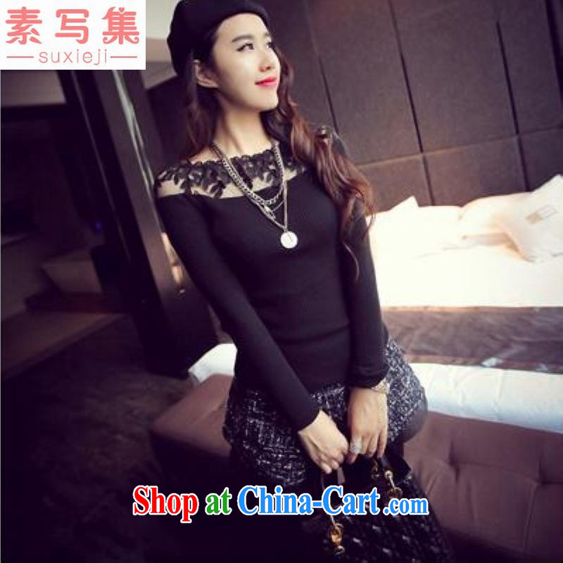 Pixel write Set Spring and Autumn 2015, the code female thick sister winter New Style lace a field for cultivating graphics thin solid knit shirts 200 Jack Black XXXL