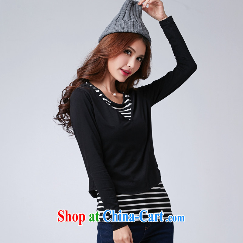 Cross-sectoral spring under new, larger female Korean black-and-white striped shirt T 2 piece thick MM cultivating graphics thin flows of goods 2619 black 4XL, cross-sectoral provision (qisuo), online shopping