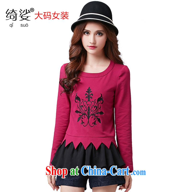 cheer for the code female Korean head round-collar long-sleeved stitching T pension spring new thick MM cultivating graphics thin volume number 2586 Magenta 2XL