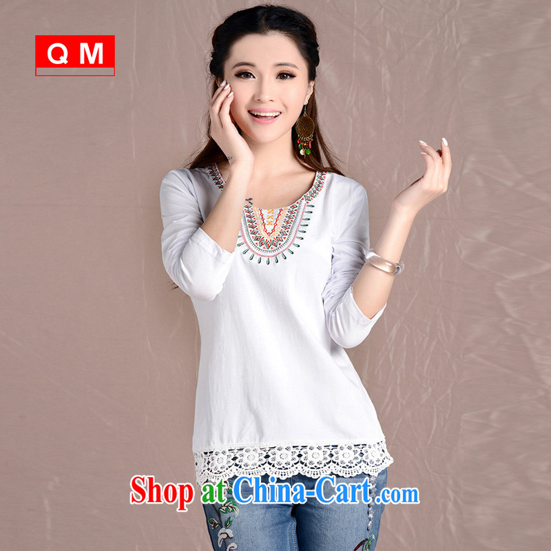 light at the national wind embroidery blossoms silk stitching large code girls with round-collar cultivating long-sleeved girl T ZJYU 8929 white XXL