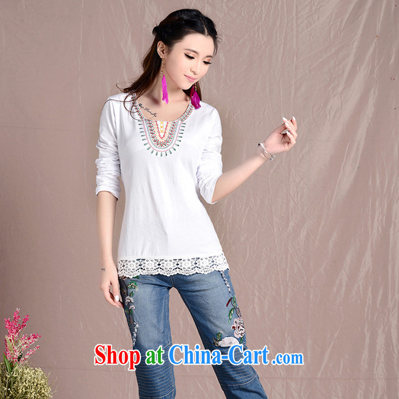 light at the national wind embroidery blossoms, stitching the Code women round-neck collar cultivating long-sleeved girl T 8929 ZJYU XXL white, light, and shopping on the Internet