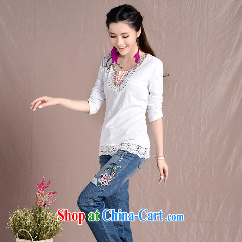 light at the national wind embroidery blossoms, stitching the Code women round-neck collar cultivating long-sleeved girl T 8929 ZJYU XXL white, light, and shopping on the Internet