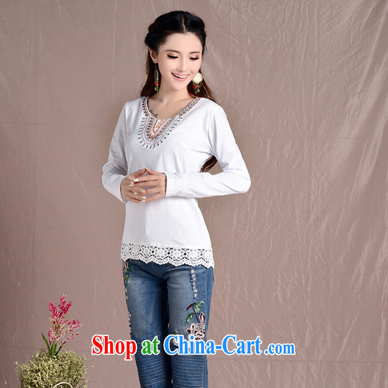 light at the national wind embroidery blossoms, stitching the Code women round-neck collar cultivating long-sleeved girl T 8929 ZJYU XXL white, light, and shopping on the Internet