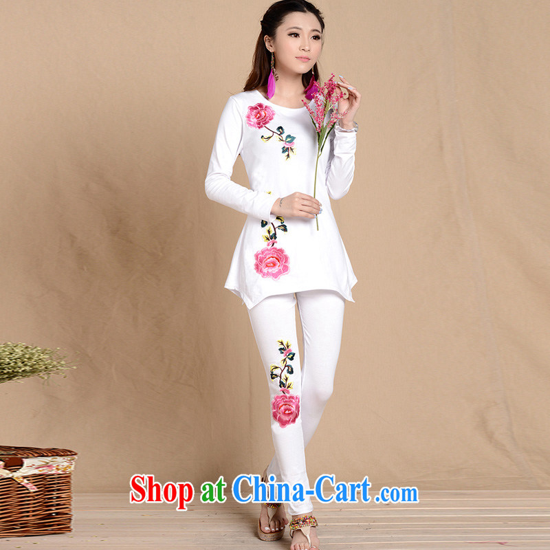 The end is very stylish Ethnic Wind Peony embroidered stretch solid pants large, female ZJXD 31.5863 white XXL, shallow end, shopping on the Internet