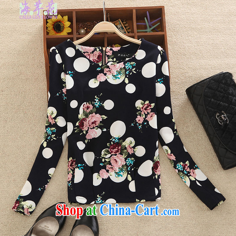The line spend a lot code female Korean version of the new graphics thin thick mm wave point floral spring round-collar long-sleeved loose fitting shirt, solid through 28 I 82 - D wave point floral 2 XL