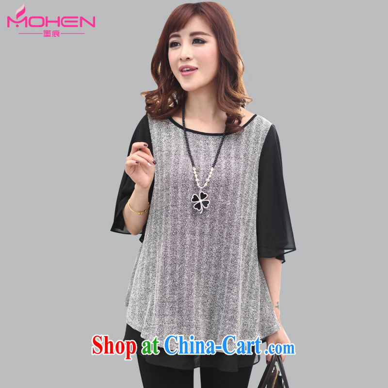The ink marks summer 2015 new large, female Korean mm thick and fat XL fashion round collar stitching color flouncing snow cuff woven shirts gray XL _recommendations 120 - 135 jack_