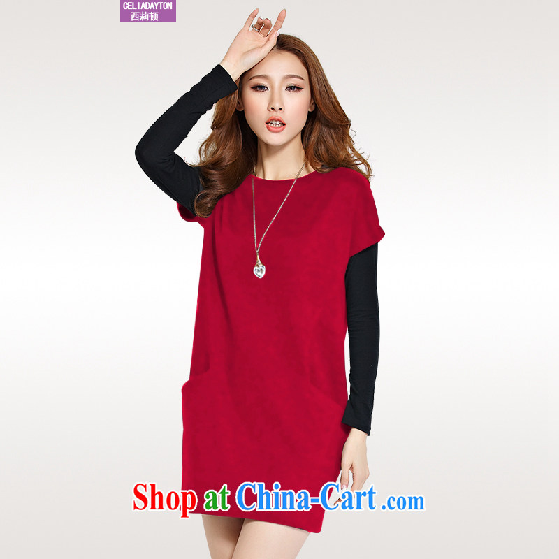 Cecilia Medina Quiroga and Macedonia is indeed increasing, female 2015 spring new thick mm stylish long-sleeved two-piece with a skirt thick sister leisure loose large pocket short skirt maroon XXXXL