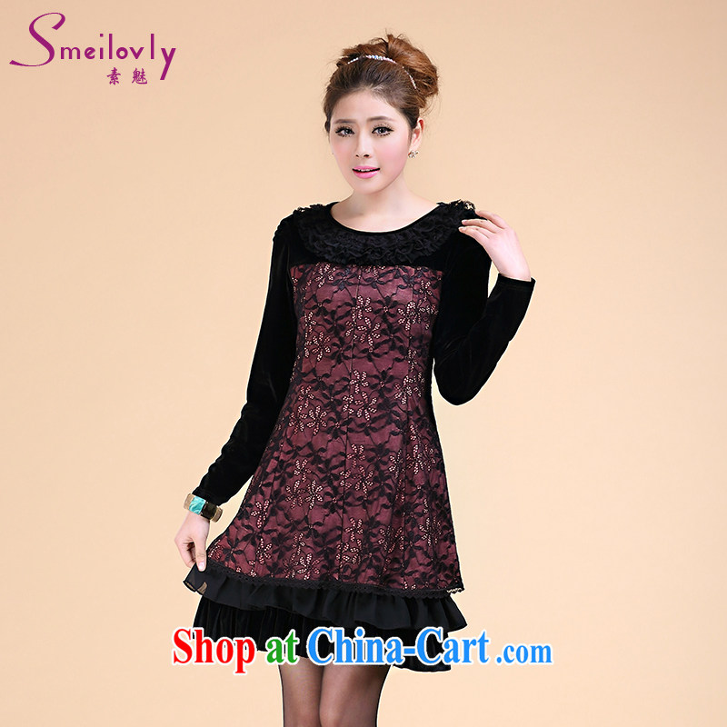 Staff of the fertilizer XL women mm thick load fall 2014 New Style long-sleeved lace beauty graphics thin dress 3059 black large code XL recommendations 125 - 140