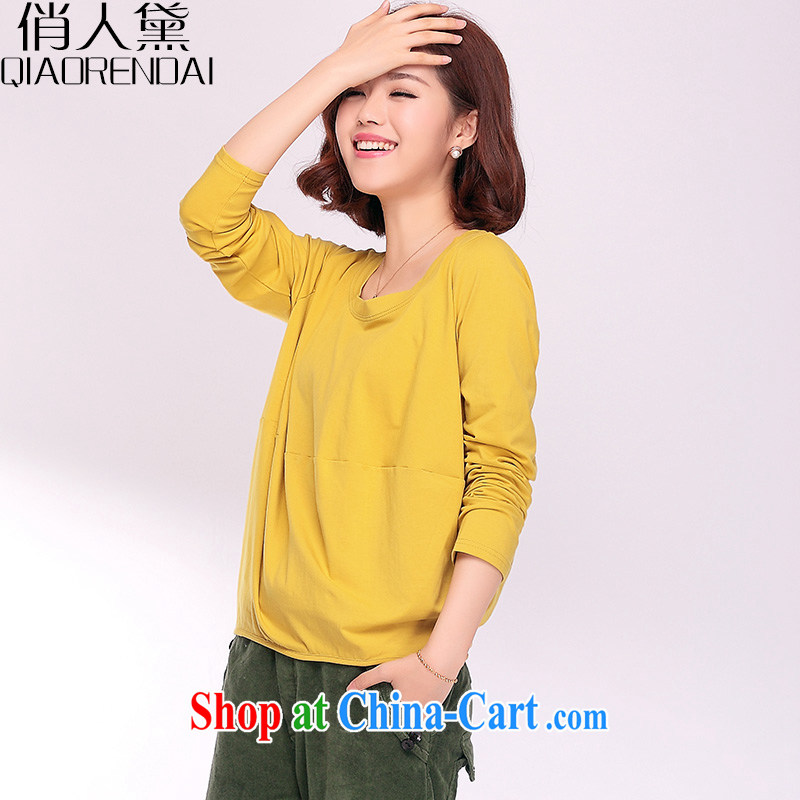 Who is Diana 2015 spring new women T long-sleeved shirt, loose T-shirt Han version of the greater code female 100 solid ground on T-shirt mustard yellow XXXL, who is Diane (QIAORENDAI), online shopping