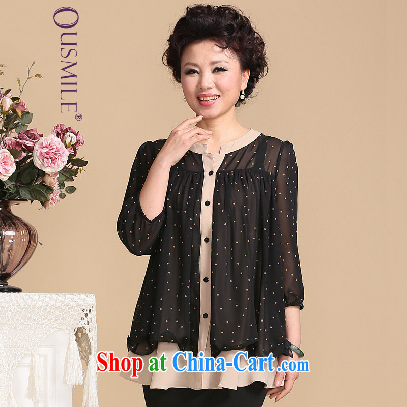 2015 Ousmile female summer dot loose 7 snow cuff woven shirts mother in the elderly, female 0372 wave point, 3 XL, Ousmile, shopping on the Internet