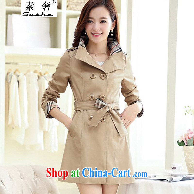 Plenty of spring 2015 new Korean version the commute, long, double-up collar wind jacket large, thick MM cultivating graphics thin windbreaker woman with belt beige XXXXL, extravagance, and shopping on the Internet