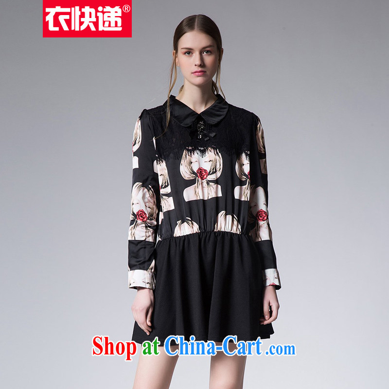 Yi express 2015 the code female spring mm thick rainy day the doll for long-sleeved dresses video thin E 2202 black 4XL