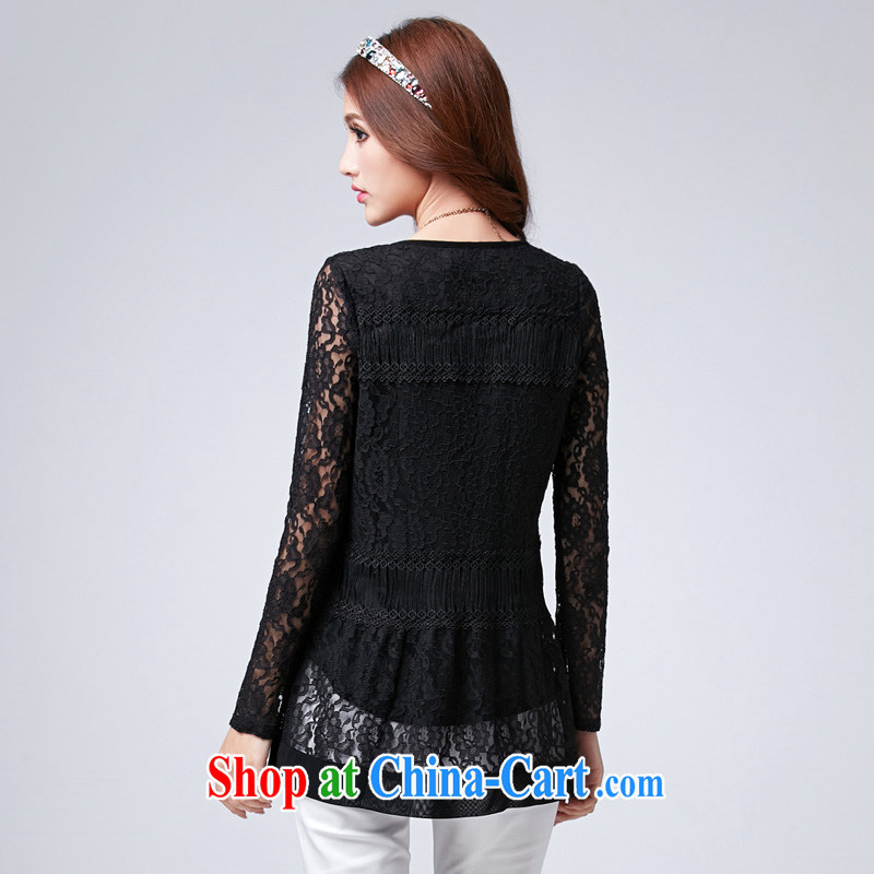 Most of the spring, female Korean lady XL video thin long-sleeved lace T-shirt beauty round-collar T pension number 2585 black 5 XL, cheer for (qisuo), online shopping