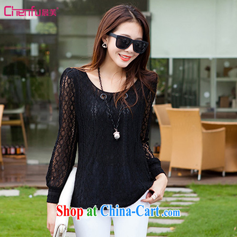 Morning would be 2015 spring new Korean version XL women mm thick beauty graphics thin atmosphere long-sleeved Openwork lace T shirt sexy 100 ground black 4 XL _150 - 165 _ jack